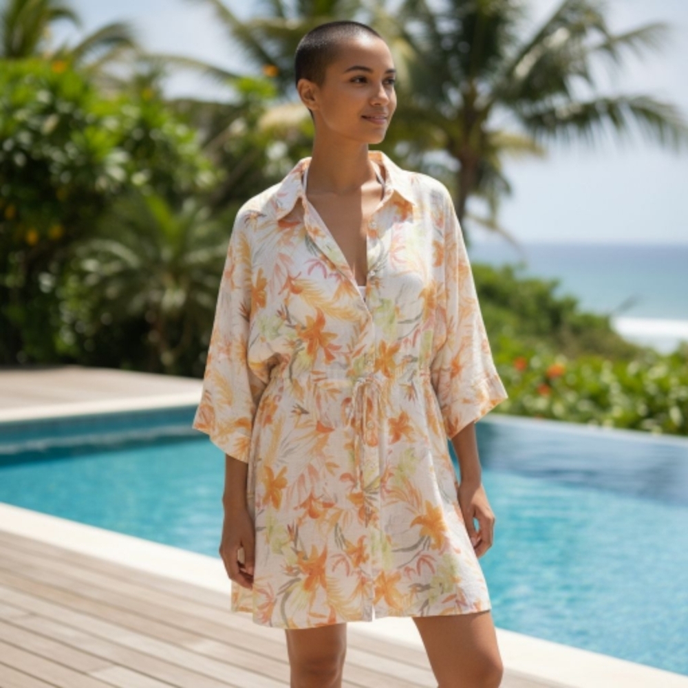 Beach Coverup Cupshe Floral Print Shirt Dress / Bathing Suit Cover Sz Large New